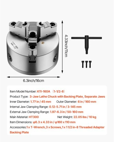 VEVOR 3 žandų tekinimo griebtuvas, 6 col. (160 mm), savaime centruojantis, 1 1/2 in-8 sriegis