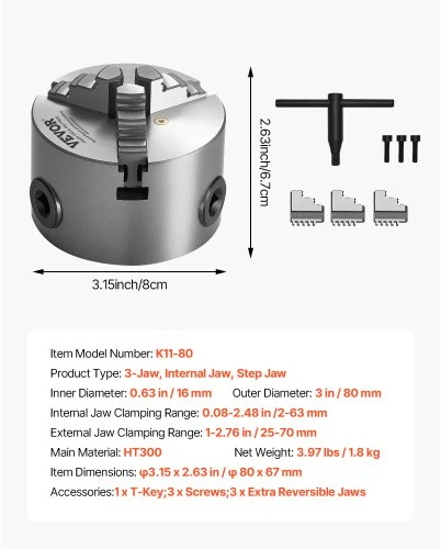 VEVOR 3 žandų tekinimo griebtuvas, 80 mm, savaime centruojantis, 2-63 mm, su T-raktu