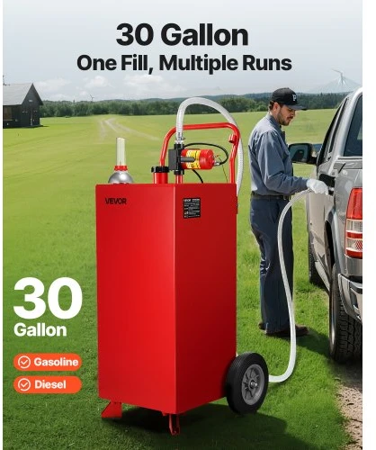 VEVOR 30 galonų kuro vežimėlis, elektrinis siurblys, 32 l/min, dyzelinui ir benzinui, 2 ratai, 10 pėdų žarna