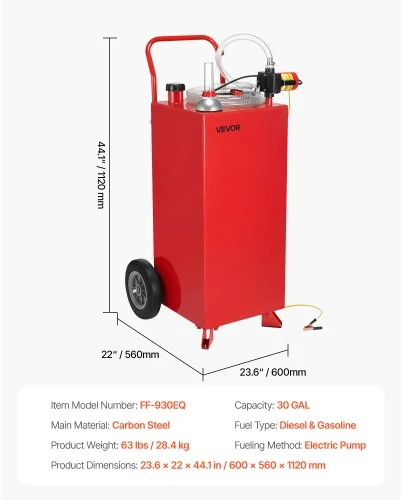 VEVOR 30 galonų kuro vežimėlis, elektrinis siurblys, 32 l/min, dyzelinui ir benzinui, 2 ratai, 10 pėdų žarna