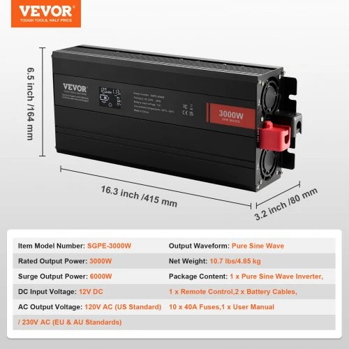 VEVOR 3000 W keitiklis, grynos sinusoidės, DC 12 V į AC 230 V