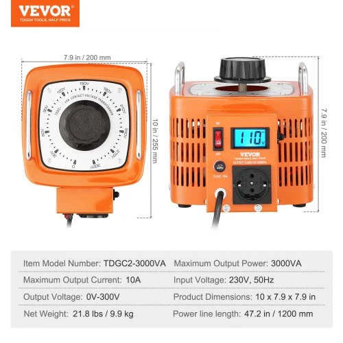 Koduva VEVOR 3000VA automatinis kintamos įtampos transformatorius, 10 A, 230 V įvestis, 0–300 V išvestis