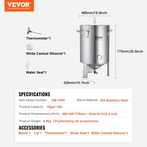 VEVOR 304 nerūdijančio plieno 60 l alaus fermentacijos katilas su dangčiu, rankena, vožtuvu, kraneliu ir termometru