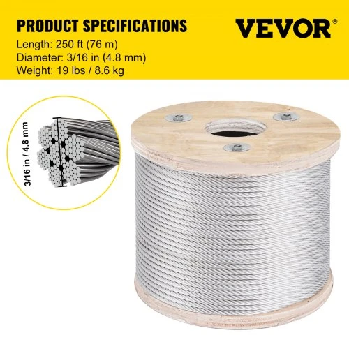 Koduva VEVOR 304 nerūdijančio plieno lynas, 4,8 mm, 76 m