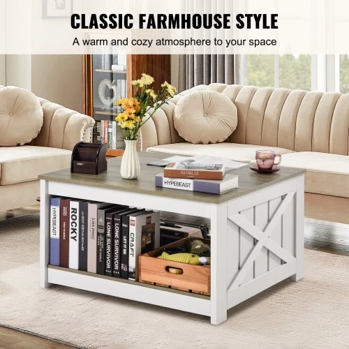 VEVOR 31,5" kaimiško stiliaus kavos staliukas, kvadratinis, pilkai baltas, su atvira saugojimo ertme
