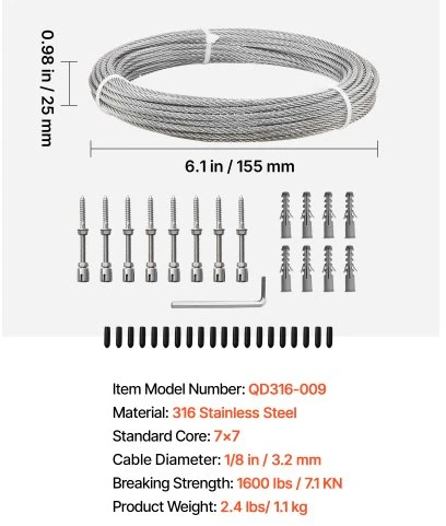 VEVOR 3,2 mm vielinio lyno rinkinys, 12,2 m, 316 nerūdijantis plienas