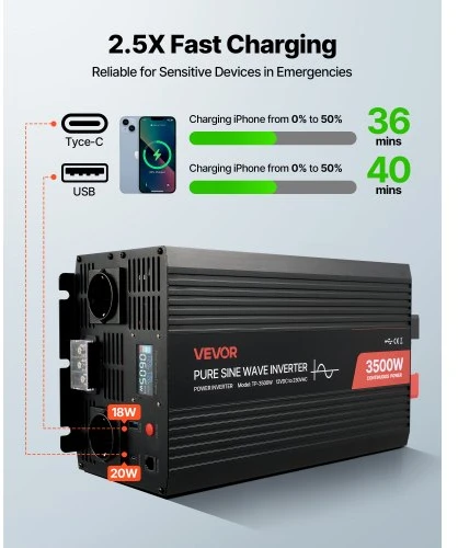 Koduva VEVOR 3500W keitiklis, 12 V DC į 230 V AC, grynos sinusoidės, LCD ekranas, nuotolinis valdymas, USB, Type-C, 2 AC lizdai