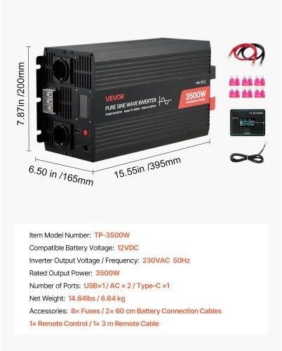 Koduva VEVOR 3500W keitiklis, 12 V DC į 230 V AC, grynos sinusoidės, LCD ekranas, nuotolinis valdymas, USB, Type-C, 2 AC lizdai