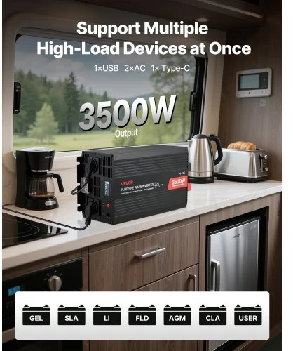Koduva VEVOR 3500W keitiklis, 12 V DC į 230 V AC, grynos sinusoidės, LCD ekranas, nuotolinis valdymas, USB, Type-C, 2 AC lizdai