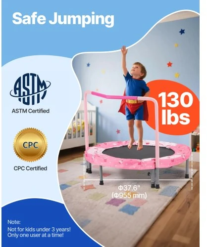 VEVOR 36" vaikų batutas su rankena, sulankstomas mini batutas 3+ metų vaikams, raudonas