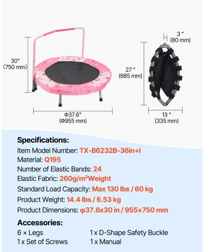 VEVOR 36" vaikų batutas su rankena, sulankstomas mini batutas 3+ metų vaikams, raudonas