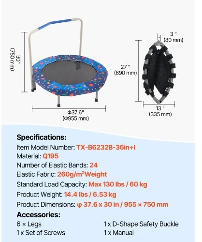 VEVOR 36" vaikų batutas, sulankstomas mini batutas su rankena, 3+ metų vaikams, mėlynas