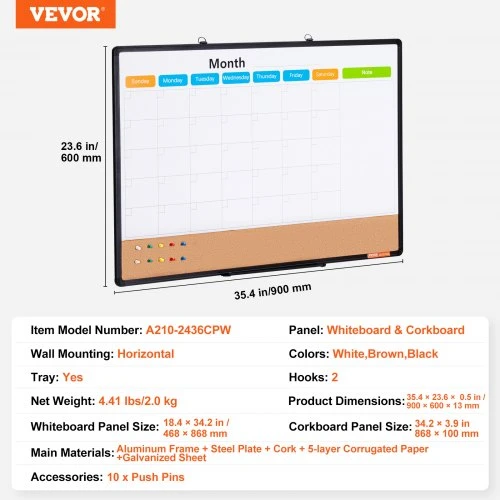 Koduva VEVOR 36 x 24 mėnesio kalendoriaus lenta „Whiteboard“ ir kamštinė lenta, 2 viename, su aliuminio rėmu