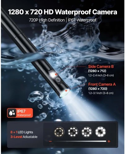 VEVOR 360° motorizuotas sukimosi endoskopas, dvigubos kameros boreskopinė kamera su šviesa, 5" HD IPS, 8 mm, 5 m