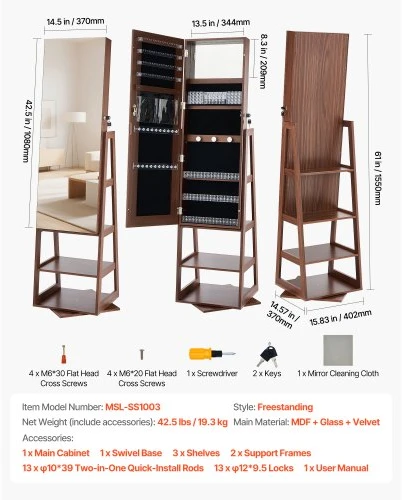 VEVOR 360° sukamas papuošalų kabinetas, 1550 mm, pilno ūgio veidrodis su saugykla, rakinamos durys