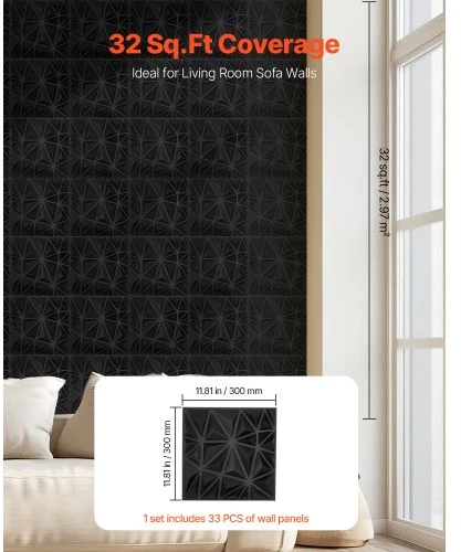 VEVOR 3D sienų panelės, 33 vnt., 11,81 x 11,81 in, PVC, deimanto raštas, matinė juoda