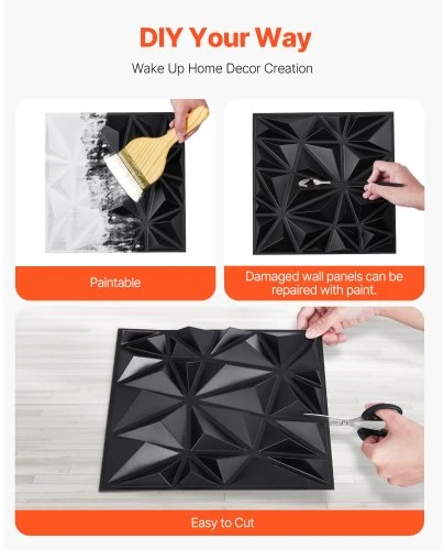 VEVOR 3D sienų panelės, 33 vnt., 11,81 x 11,81 in, PVC, deimanto raštas, matinė juoda