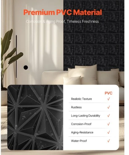 VEVOR 3D sienų panelės, 33 vnt., 11,81 x 11,81 in, PVC, deimanto raštas, matinė juoda
