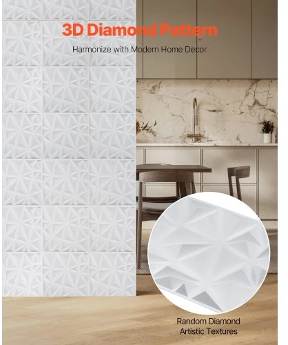 Koduva VEVOR 3D sienų panelės, 33 vnt., 300 x 300 mm, PVC, minimalistinio deimanto raštas, matinė balta