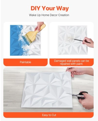 Koduva VEVOR 3D sienų panelės, 33 vnt., 300 x 300 mm, PVC, minimalistinio deimanto raštas, matinė balta