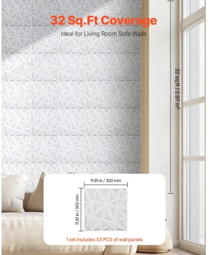 Koduva VEVOR 3D sienų panelės, 33 vnt., 300 x 300 mm, PVC, minimalistinio deimanto raštas, matinė balta