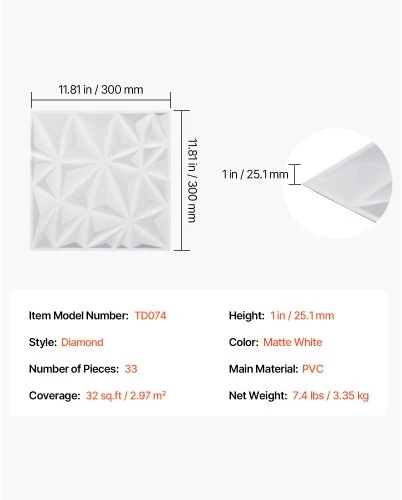 Koduva VEVOR 3D sienų panelės, 33 vnt., 300 x 300 mm, PVC, minimalistinio deimanto raštas, matinė balta