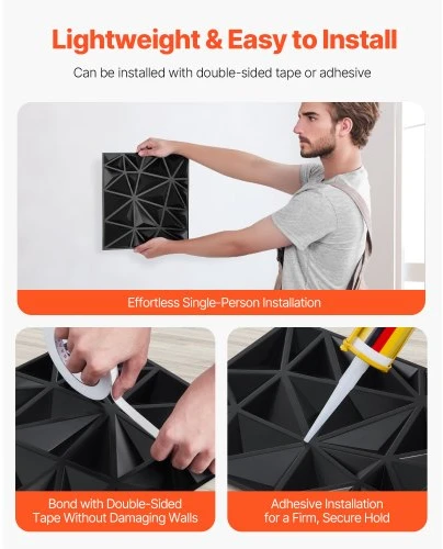 VEVOR 3D sienų panelės, 33 vnt., 11,81 x 11,81 in, PVC, deimanto raštas, matinė juoda