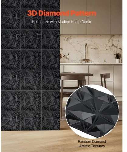 VEVOR 3D sienų panelės, 33 vnt., 11,81 x 11,81 in, PVC, deimanto raštas, matinė juoda
