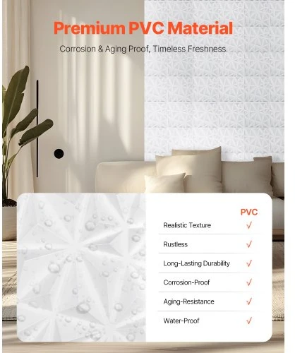 Koduva VEVOR 3D sienų panelės, 33 vnt., 300 x 300 mm, PVC, minimalistinio deimanto raštas, matinė balta