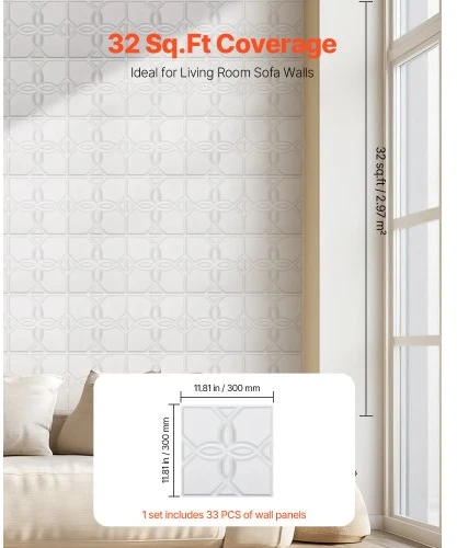 Koduva VEVOR 3D sienų panelės, 33 vnt., 11,81 x 11,81 col., PVC, matinė balta, gėlių stilius