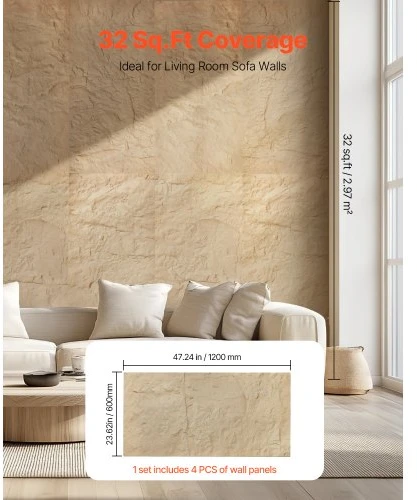 Koduva VEVOR 3D sienų panelės, 4 vnt., 48 x 24 in, PU, natūralaus akmens imitacija, Stone Geltona
