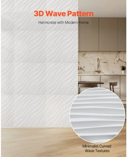 VEVOR 3D sienų plokštės, 12 vnt., 19,7 x 19,7 col., PVC, banguotas stilius, matinė balta