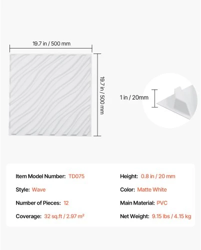 VEVOR 3D sienų plokštės, 12 vnt., 19,7 x 19,7 col., PVC, banguotas stilius, matinė balta
