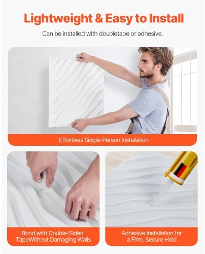 VEVOR 3D sienų plokštės, 12 vnt., 19,7 x 19,7 col., PVC, banguotas stilius, matinė balta