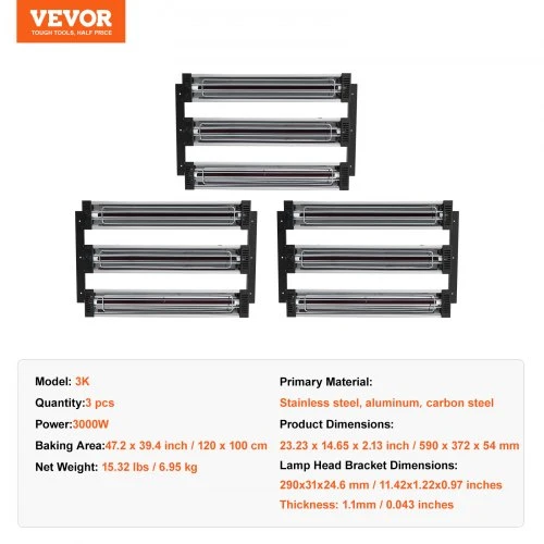 Koduva VEVOR 3x dažų džiovinimo lempa infraraudonųjų spindulių, 3 kW