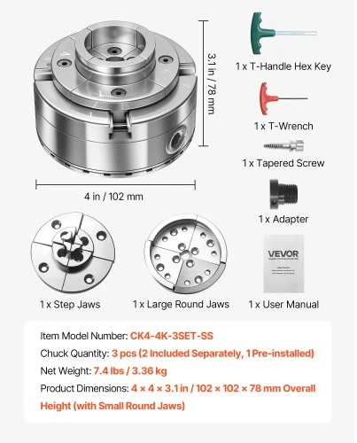 VEVOR 4 colių medžio tekinimo griebtuvas, 4 žandų, savaime centruojantis, 1" x 8TPI sriegis, su adapteriu
