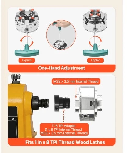 VEVOR 4 colių medžio tekinimo griebtuvas, 4 žandų, savaime centruojantis, 1" x 8TPI sriegis, su adapteriu