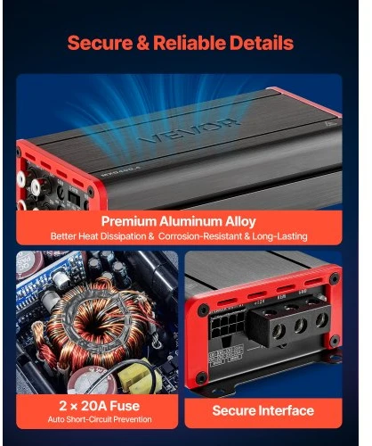 VEVOR 4 kanalų tiltelinis automobilinis garso stiprintuvas, Class D, iki 4 x 272 W prie 4 Ω / 4 x 400 W prie 2 Ω
