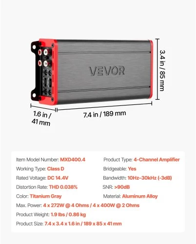 VEVOR 4 kanalų tiltelinis automobilinis garso stiprintuvas, Class D, iki 4 x 272 W prie 4 Ω / 4 x 400 W prie 2 Ω
