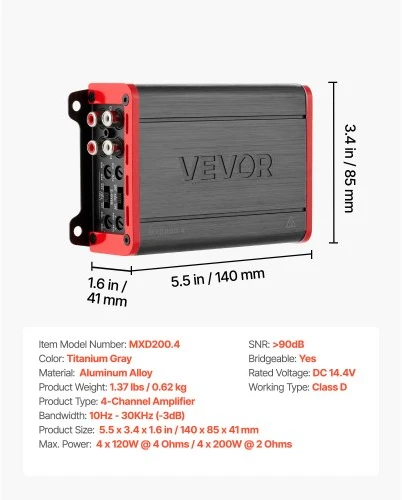 VEVOR 4 kanalų tiltuojamas automobilinis garso stiprintuvas, Class D, iki 4 x 120 W prie 4 Ω / 4 x 200 W prie 2 Ω