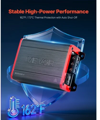 VEVOR 4 kanalų tiltuojamas automobilinis garso stiprintuvas, Class D, iki 4 x 120 W prie 4 Ω / 4 x 200 W prie 2 Ω