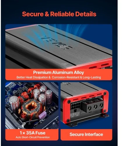 VEVOR 4 kanalų tiltuojamas automobilinis garso stiprintuvas, Class D, iki 4 x 120 W prie 4 Ω / 4 x 200 W prie 2 Ω