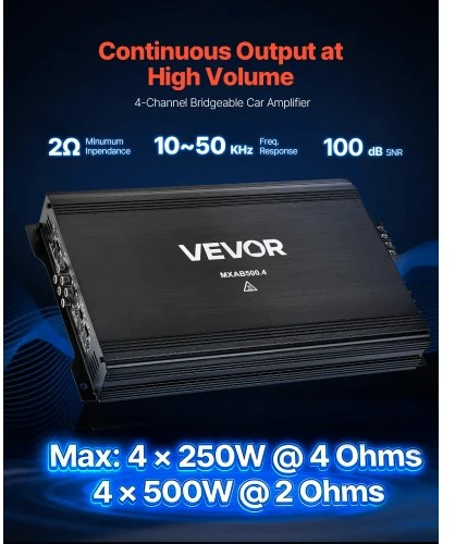 VEVOR 4 kanalų tiltuojamas automobilinis garso stiprintuvas, Class AB, iki 4 x 250 W prie 4 Ω / 4 x 500 W prie 2 Ω