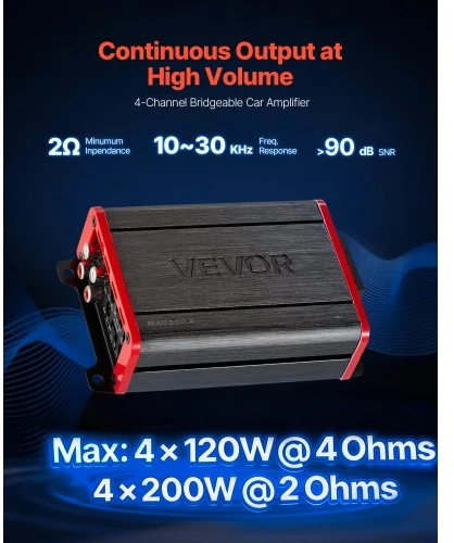 VEVOR 4 kanalų tiltuojamas automobilinis garso stiprintuvas, Class D, iki 4 x 120 W prie 4 Ω / 4 x 200 W prie 2 Ω