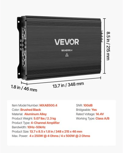 VEVOR 4 kanalų tiltuojamas automobilinis garso stiprintuvas, Class AB, iki 4 x 250 W prie 4 Ω / 4 x 500 W prie 2 Ω