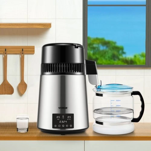 VEVOR 4 l vandens distiliatorius, 1,5 l/val., laikmatis, dviguba temperatūra, sidabrinis