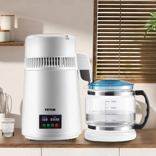 VEVOR 4 l vandens distiliatorius, 1 l/val., su laikmačio ir temperatūros ekranu, baltas