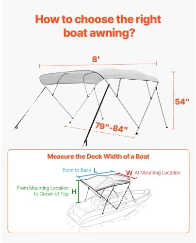 Koduva VEVOR 4 lankų valties bimini stogelis, 600D poliesteris, aliuminio lydinio rėmas, 96"x(79"-84")x54", šviesiai pilkas