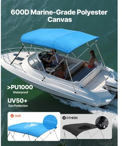 Koduva VEVOR 4 lankų valties bimini stogelis, 600D poliesteris, aliuminio lydinys, 96"Lx(79"-84")Wx54"H, Pacific Mėlyna