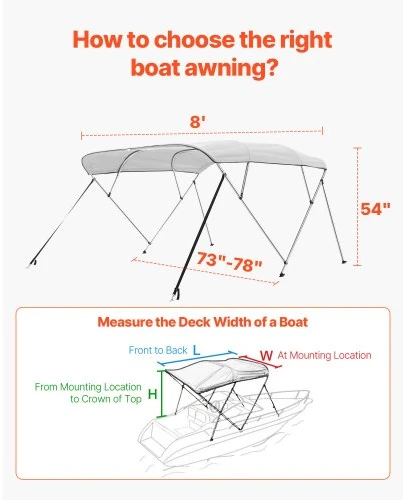 Koduva VEVOR 4 lankų valties bimini stogelis, 600D poliesteris, aliuminio lydinio rėmas, 96" x (73"-78") x 54", šviesiai pilka